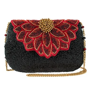 Mary Frances Crimson Bloom Black Red Beaded Crossbody Chain Strap Handbag Bag NW - Picture 1 of 8