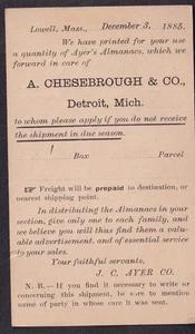 1885 Postkarte A Cheesebrough & Co Detroit/J C Ayer Lowell MASS/re Almanacs - Bild 1 von 2