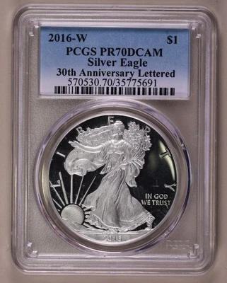 Серебряный Орел 2016-W PCGS PF70DCAM 30-я годовщина ***РЕДКАЯ ОРИГИНАЛЬНАЯ МОНЕТА*** - Изображение 1 из 4