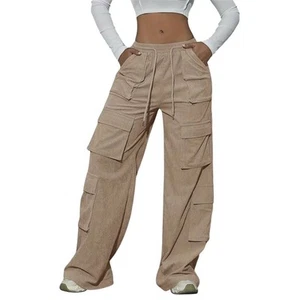 Y2k High Waist Beige Wide Leg Cargo Utility Pants L Streetwear Boho Hippie - Picture 1 of 9