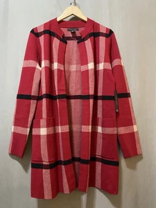 NWT TAHARI Women Collared Long Sleeve Cardigan Coat Size M Red/Black/Beige Plaid - Picture 1 of 13