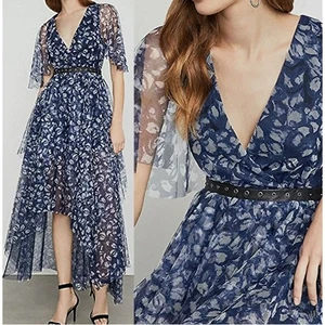 BCBG Max Azria Maxi Dress Women 6 Kaleidoscope Navy Floral Chiffon Tiered Hi-Low - Picture 1 of 16