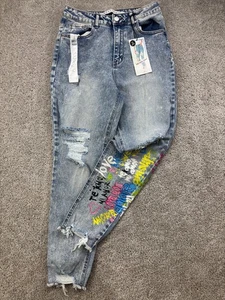 Tinseltown Jeans Women's 9 Skinny Ankle Lt Wash Graffiti Painted Distressed NWT - Picture 1 of 15