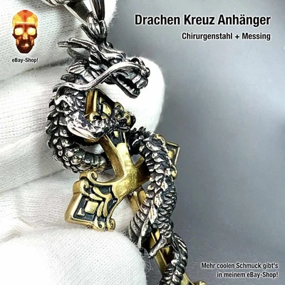 Drachen Kreuz - Anhänger Halskette Totenkopf Biker Herren Edelstahl Skull Glück - Bild 1 von 4