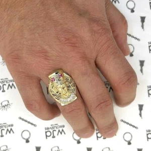 10K Gold Yellow CZ Ruby Pharaoh Nefertiti Head Ring - Picture 1 of 6