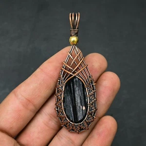 Black Tourmaline Gemstone Copper Wire Wrapped Handmade Pendant Jewelry Gift For - Foto 1 di 4