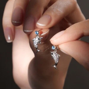 18k white gold silver blue crystal drop dangle jumping dolphin stud earrings - Picture 1 of 4