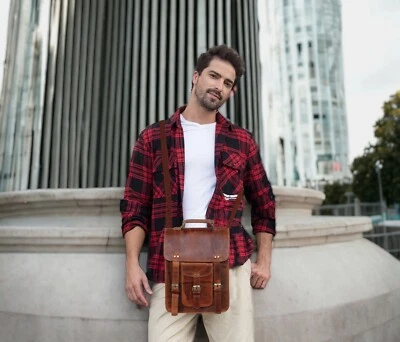 13" Brown Leather Messenger Bag Shoulder Bag Vintage Crossbody bag for Men Women - Image 1 of 4