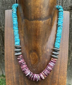 Sterling Silver Purple Spiny Oyster W Turquoise Bead Necklace. 18 inch - Picture 1 of 12