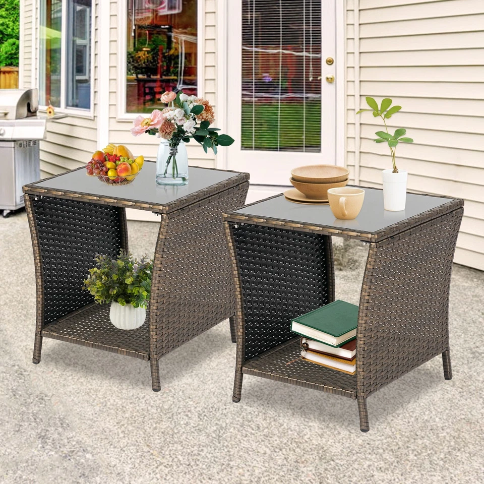 KINBOR Set of 2 Outdoor Side Table Patio Rattan End Table Sofa Side Table Glass Top