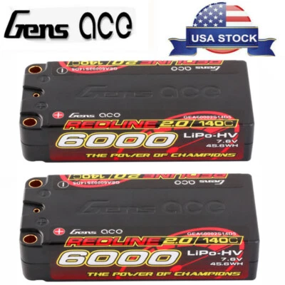 2X Gens Ace 6000mAh 7.6V 140C HV Shorty 2S Lipo Battery HardCase For Racing Car - Image 1 of 4