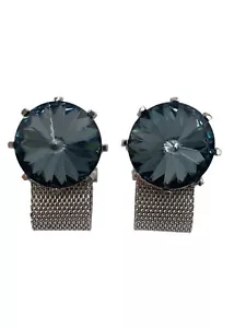 Vintage Dante Silver-Tone Cufflinks With Blue Rhinestones & Mesh Chain Design - Picture 1 of 5