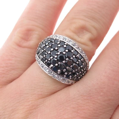 925 Sterling Silver Real Round-Cut Black Spinel & C Z Dome Ring Size 6 - Image 1 of 4