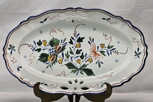 Plato Ovalado Floral Pintado a Mano 10.75" Reticulado Rouen St Romain Francia Firmado - Imagen 1 de 9