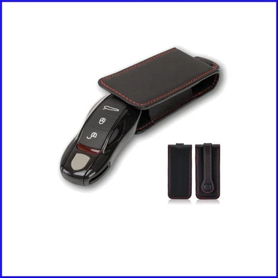 Black Calfskin Key Cover for Porsche: Protective Pouch with Red Stitching - Image 1 of 4