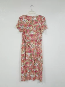 Erika Kleid 100% Viskose Blumen Pfirsich Rosa Grün Maxi Bindekleid Damen Größe L - Bild 1 von 7