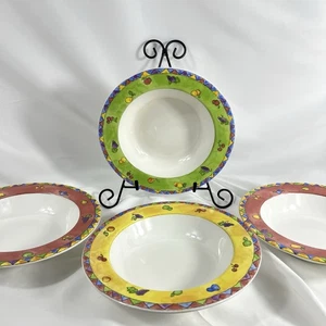 Sango Sangria Set/4 Kiwi Strawberry Oranges 8.5” Rimmed Soup Pasta Sue Zipkin - Picture 1 of 9