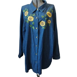 Camicia tunica Quacker Factory 3X bottoni denim strass ricamo girasoli - Foto 1 di 11