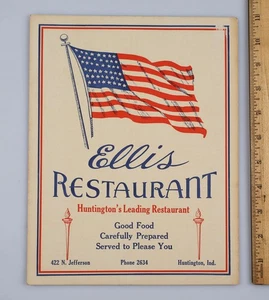Menú de restaurante Ellis vintage Huntington Indiana años 40? Bandera americana patriótica - Imagen 1 de 2