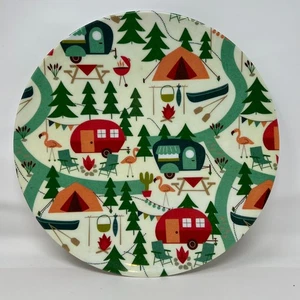 Melamine Dinner Plates Set of 4 Christmas Campers Trailer Summer Outdoors Woodla - Picture 1 of 6