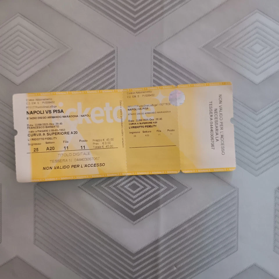 BIGLIETTO " NAPOLI-PISA " - 22/09/ 2025 - CURVA A SUPERIORE A 20 - USATO - - Immagine 1 di 1