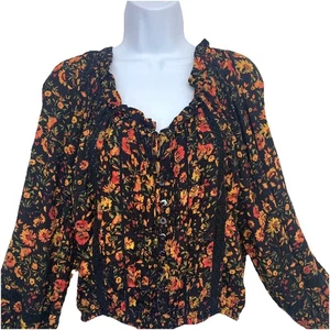 Olivaceous Milkmaid Dark Floral Top Woman Medium Button Front Coquette Whimsy - Picture 1 of 11