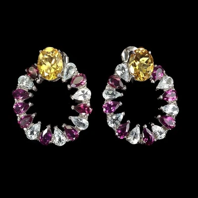 925 Sterling Silber Ohrringe Oval Citrin 9x7mm Aquamarin Rhodolith Edelstein - Bild 1 von 4