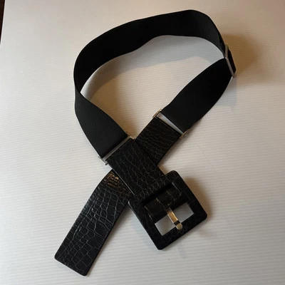Suzi Roher Black Webbed Stretch Belt Textured Leather Metal Adjustable - Image 1 of 4