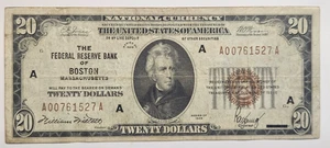 1929 $20 The Federal Reserve Bank of Boston Massachusetts Note A00761527A - Picture 1 of 2