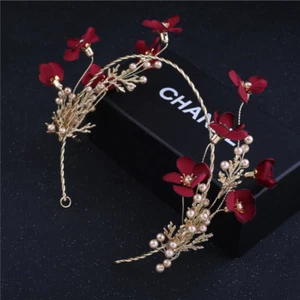 Cerchietto da sposa bordeaux raso fiori perle matrimonio corona sposa copricapo diadema - Foto 1 di 4
