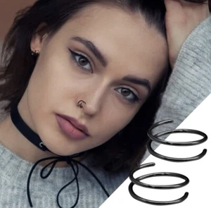 (2) Tiny Double Hoop Nose Ring for Single Piercing Black Spiral Nostril Jewelry - Picture 1 of 7