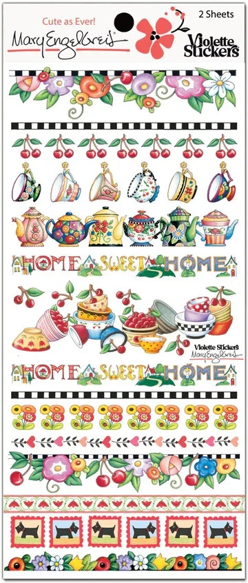 VIOLETTE STICKERS Mary Engelbreit Stickers 2 Sheets Whimsical Home-Sweet-Home Pies Tea Pots Cups