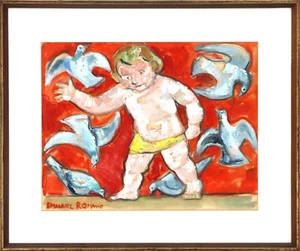 Emanuel Glicenstein Romano USA 1897-1984 Original "Kind mit Tauben" 31 x 26 Zoll - Bild 1 von 8