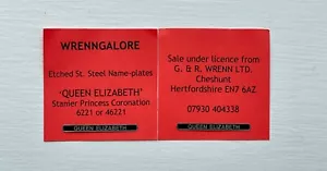 Placas de identificación de ferrocarril modelo grabado WRENN clase ciudad "REINA ELIZABETH" W2285, W2299 - Imagen 1 de 2