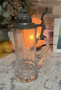 Tall German Glass Stein with Grain and Leaf Pattern with Pewter Finger Lid - Picture 1 of 7
