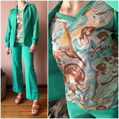 Vintage 70s Novelty Print Dagger Collar Pantsuit Green Poly Knit Bell bottom XS - Image 1 of 4