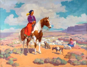 Pastora Navajo a Caballo Niño Cabras Perro Por Charles Bensco   - Imagen 1 de 1