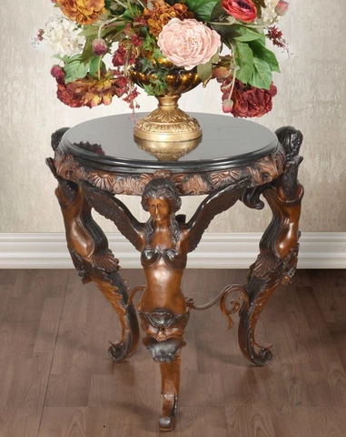Neoclassical Three-Winged Ladies Bronze/Marble Top Accent Side Table-31.5''H Cover