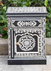 Bedside Cabinet Lamp Side Table Black and White Hand Painted Bone Inlay Pattern - Picture 1 of 8