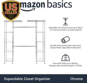 Expandable Adjustable Metal Hanging Storage Organizer Rack Wardrobe with Shel... - Picture 1 of 4