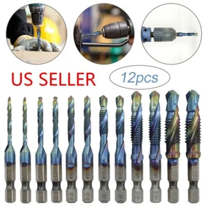 12Pcs HSS Hex Shank Drill Bits Tap M3-M10 Metric SAE Screw Thread Drill Bits Set - Picture 1 of 8