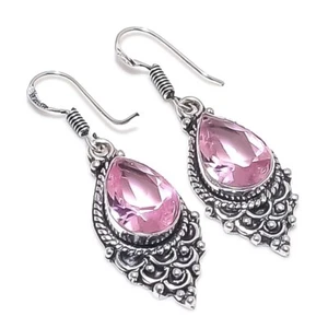 Pink Kunzite Gemstone Handmade 925 Sterling Silver Jewelry Earring Size 1.5" - Picture 1 of 1