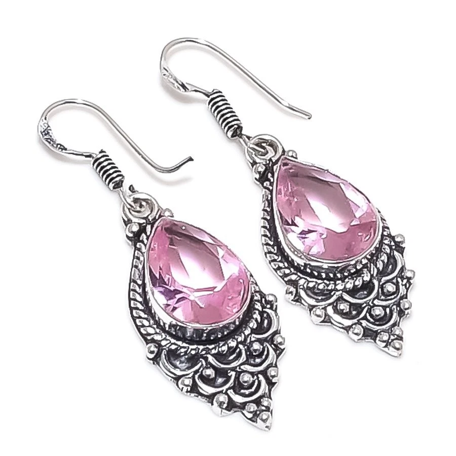 Pink Kunzite Gemstone Handmade 925 Sterling Silver Jewelry Earring Size 1.5" - Image 1 of 1