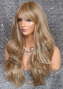Echthaarmischung volle Perücke Hitze OK lange gewellte geschichtete Pony blonde Mischung WBKT 14/22 - Bild 1 von 6