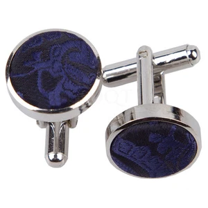 Navy Blue Mens Cufflinks Floral Paisley Brass Fabric Inlay Cuff Links by DQT - Picture 1 of 2