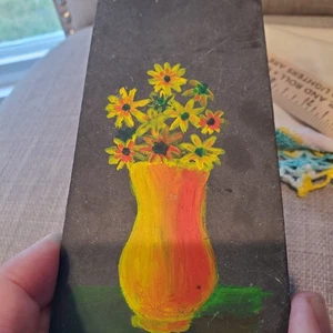 Mini, Kunstwerk, Schieferstein. Handbemalt, Blumen in einer Vase, klein - Bild 1 von 4