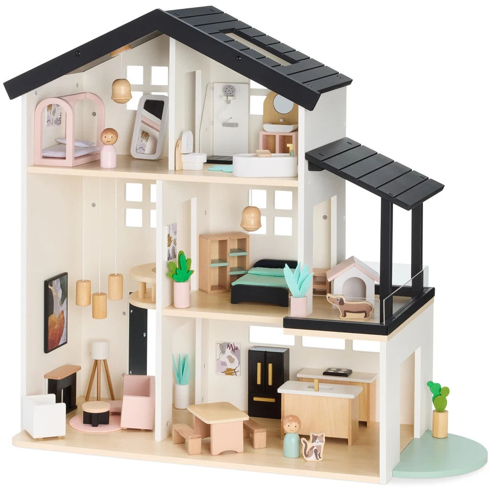 Pretend Play Wooden Doll House w/ 40 Accessories, Modern Toy Playset - Image 1 of 4