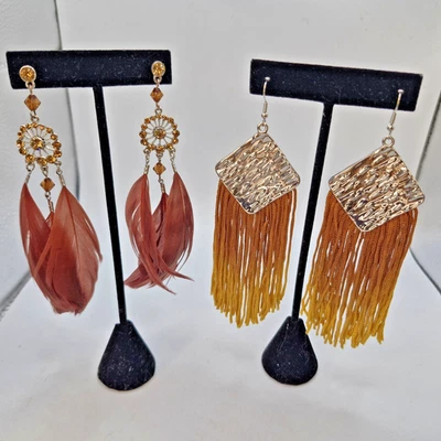 Lot 2 Tassel Feather Rhinestones Festival Earrings Boho Fall Colors Amber 4.5" - Image 1 of 4