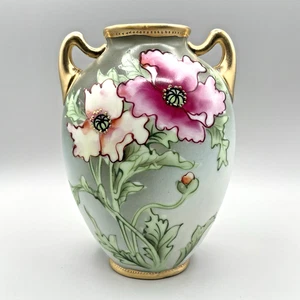 Antike Nippon Porzellan Vase handbemalt Mohnblumen Goldgriffe 1910er Cottagecore - Bild 1 von 11