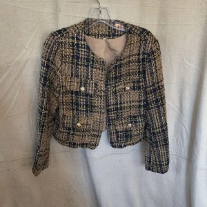 SheIn Damen mittelbraun kariert Tweed, Rundhalsausschnitt, Langarm elegantes Sakko - Bild 1 von 8